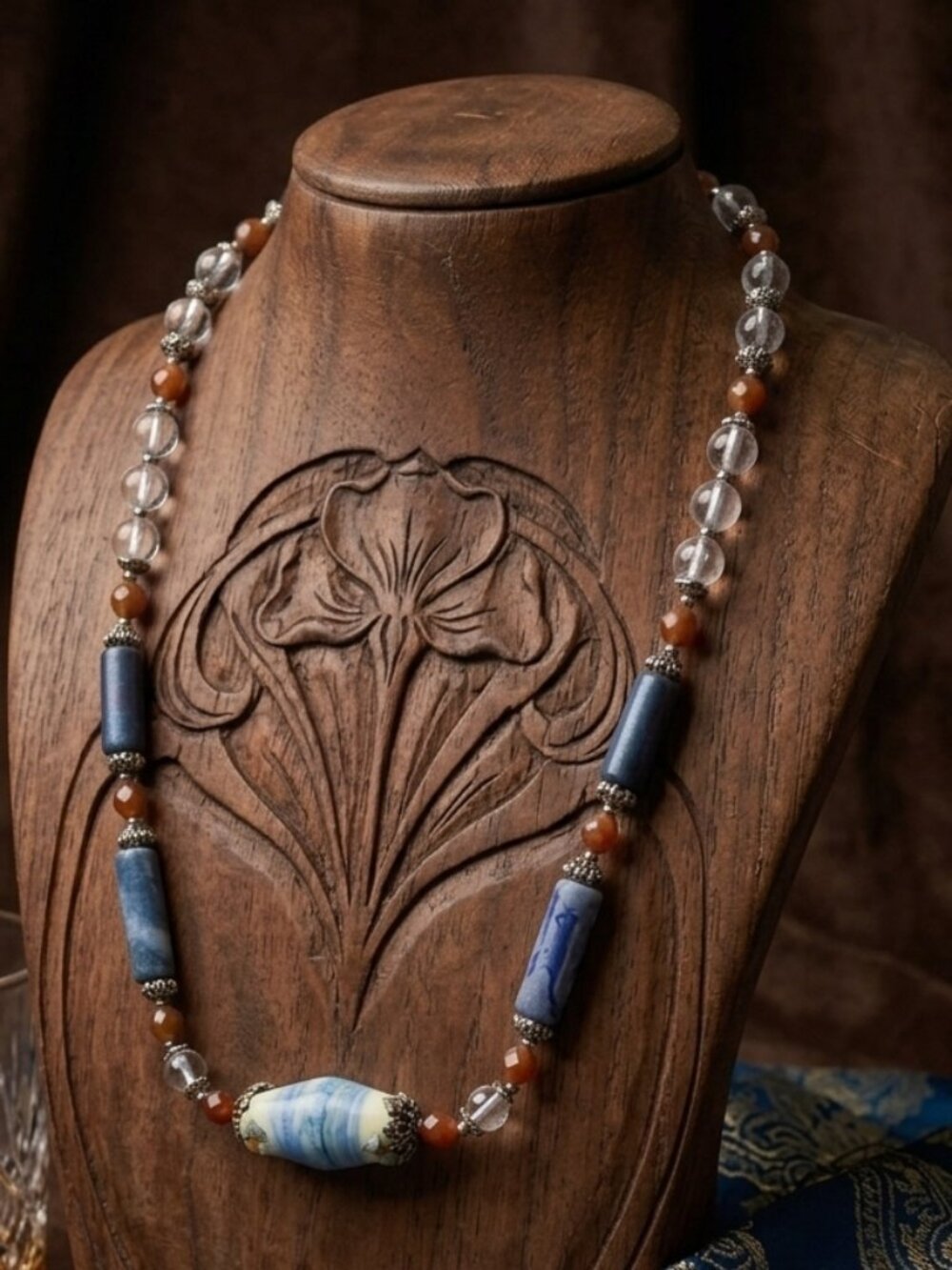 Artisan Handcrafted Blue Marbled Lampwork Art Glass Statement Necklace
